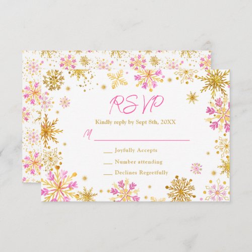 Pink and Gold Snowflakes Wedding RSVP Card