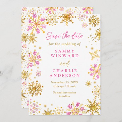 Pink and Gold Snowflakes Wedding Save The Date