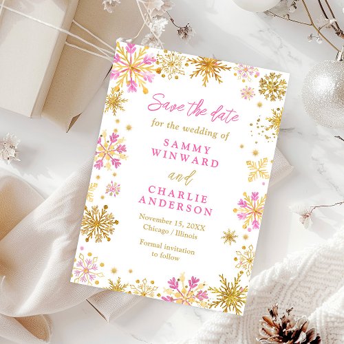 Pink and Gold Snowflakes Wedding Save The Date