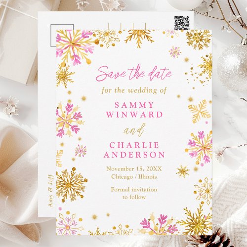 Pink and Gold Snowflakes Wedding Save The Date Postcard