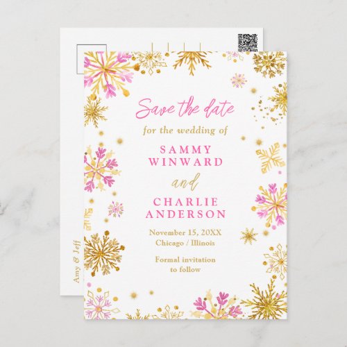 Pink and Gold Snowflakes Wedding Save The Date Postcard