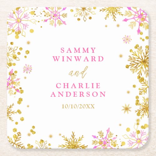 Pink and Gold Snowflakes Wedding Square Paper Coaster