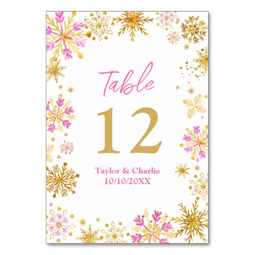 Pink and Gold Snowflakes Wedding Table Number