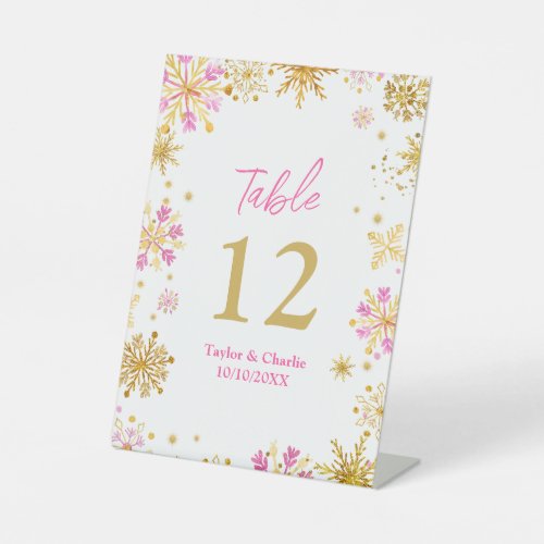 Pink and Gold Snowflakes Wedding Table Number Pedestal Sign