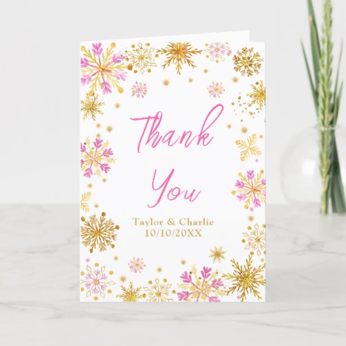 Pink and Gold Snowflakes Wedding Thank You Card