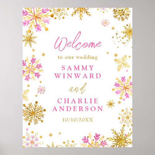 Pink and Gold Snowflakes Wedding Welcome Sign