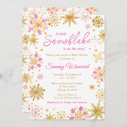 Pink and Gold Snowflakes Winter Baby Shower Invitation