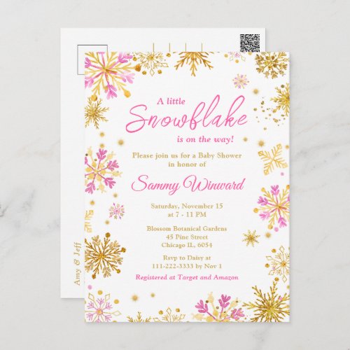 Pink and Gold Snowflakes Winter Baby Shower Postcard