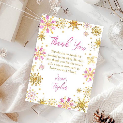 Pink and Gold Snowflakes Winter Baby Shower Thank You Card