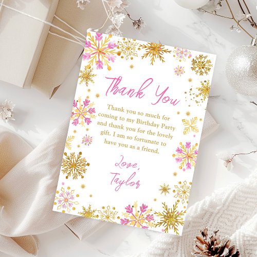 Pink and Gold Snowflakes Winter Birthday Party Thank You Card