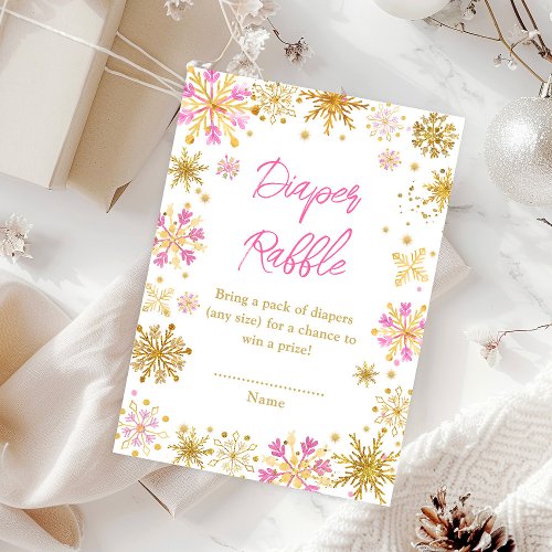 Pink and Gold Snowflakes Winter Diaper Raffle Enclosure Card