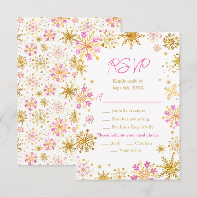 Pink and Gold Snowflakes Winter Meal Choice RSVP Card (Front/Back)