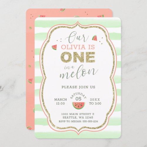 Pink and Gold Sparkle One in a Melon 1st Birthday Invitation