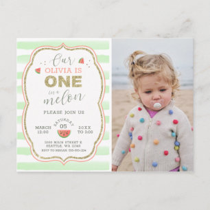 Pink and Gold Sparkle One in a Melon 1st Birthday Postcard