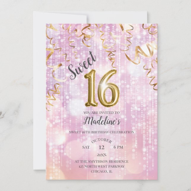 Pink and Gold Sparkle Sweet 16 Birthday Invitation (Front)