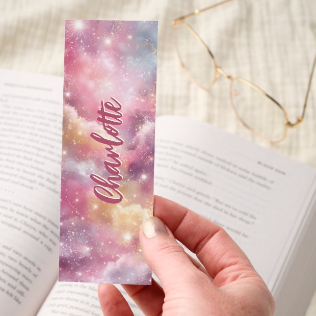 Pink and Gold Sparkling Galaxy Personalized Bookmarks (Hand)