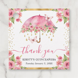 Pink and Gold Spring Umbrella Quinceanera Favor Tags