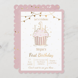 Pink and Gold Stars 1st birthday Invitation