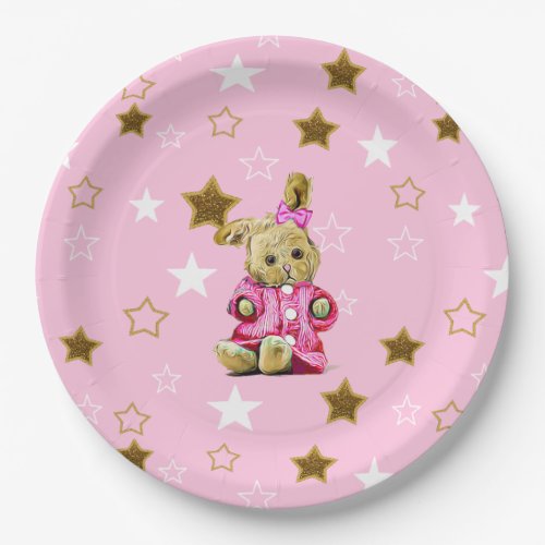 Pink  and Gold Stars  Bunny Paper Plates