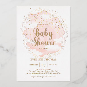 Pink and gold stars cloud in the sky baby shower foil invitation