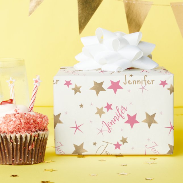 Pink and Gold Stars Custom Name Birthday Wrapping Paper (Birthday Party)