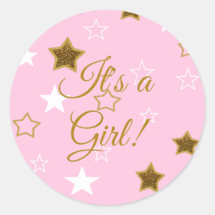 Pink and Gold Stars Its a Girl Baby Shower Sticker