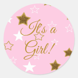 Pink and Gold Stars Its a Girl Baby Shower Sticker