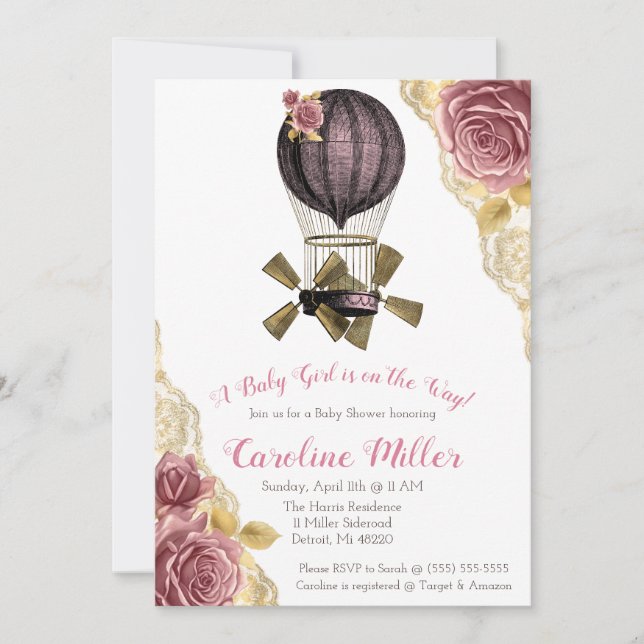 Pink and Gold Steampunk Hot Air Balloon Shower Invitation (Front)