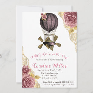 Pink and Gold Steampunk Hot Air Balloon Shower Invitation