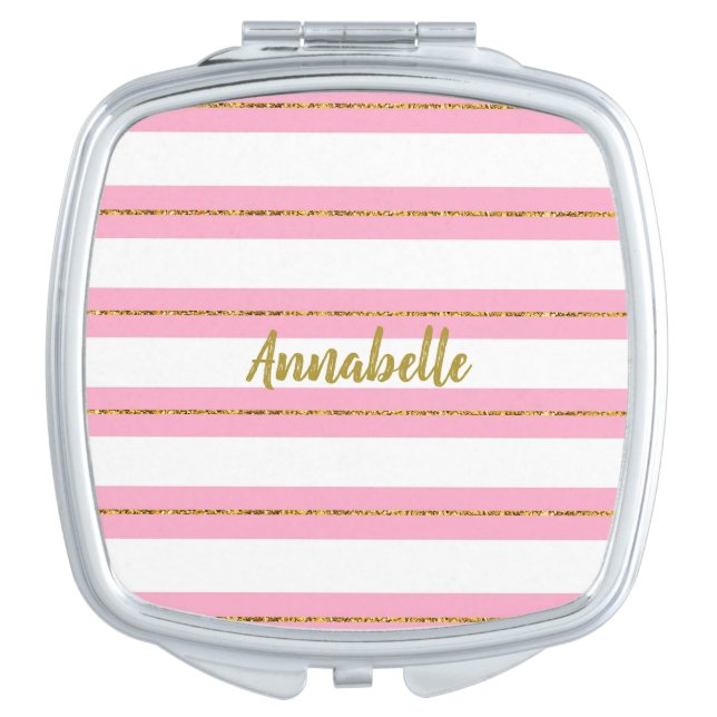 Pink and Gold Stripe Monogram Compact Mirror (Front)