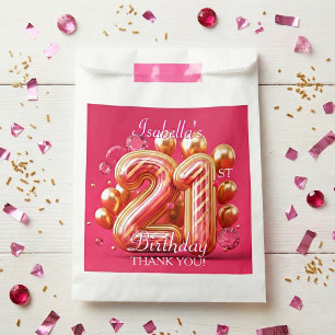Pink and Gold Striped Balloon 21st Birthday Favor Bag