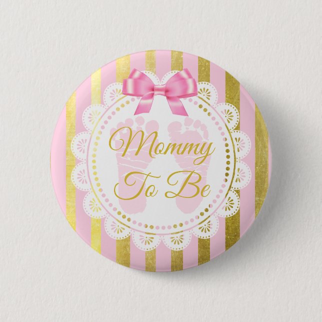Pink and Gold Striped Bow Mommy to Be Button (Front)