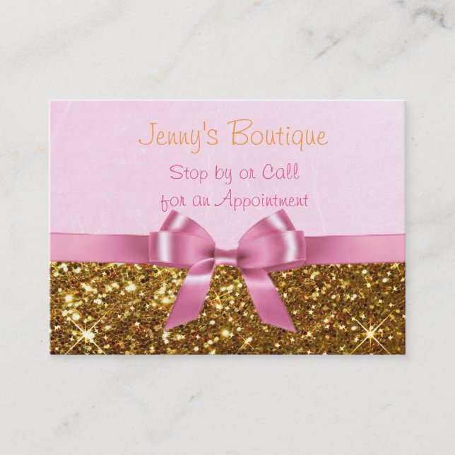 Pink and Gold Striped with Pink Bow & Glitter Appointment Card (Front)