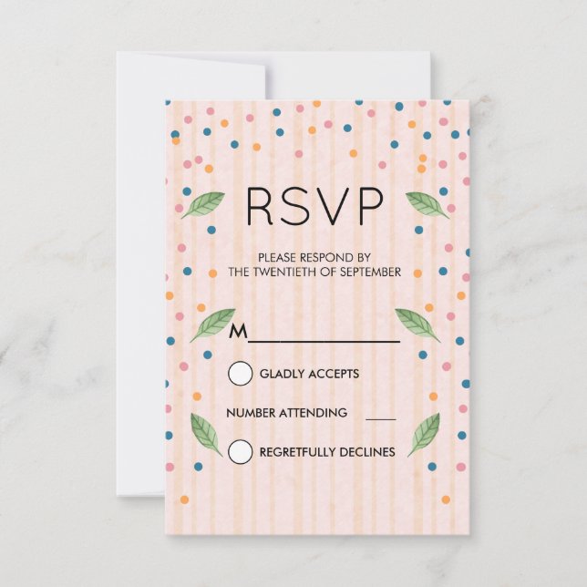 Pink and Gold Stripes Green Leaves & Confetti RSVP (Front)