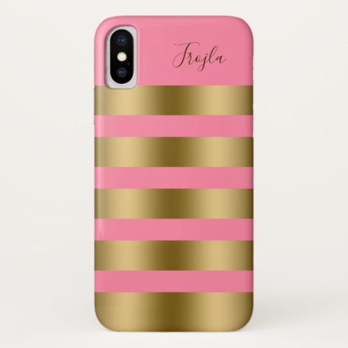 Pink And Gold Stripes Monogram iPhone X Case