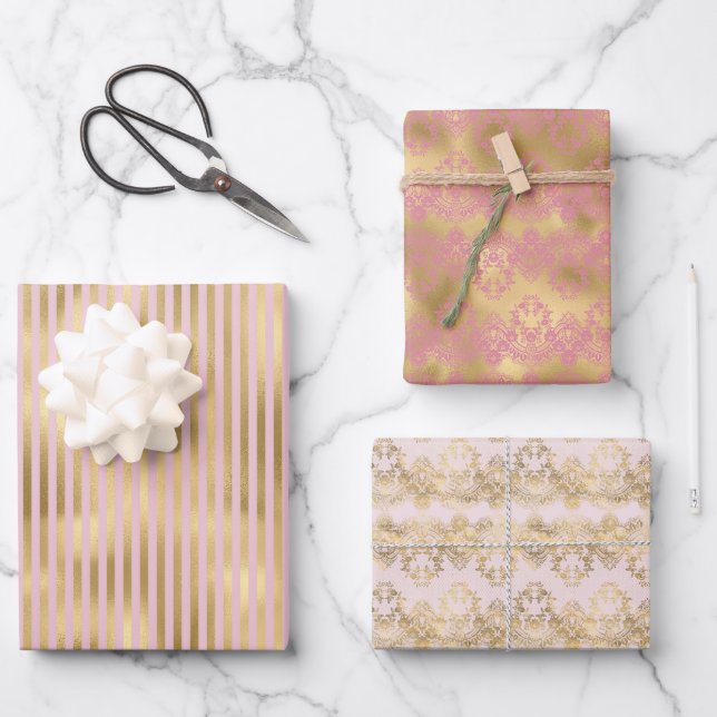 Pink and Gold Stripes Wrapping Paper Sheets (Front)