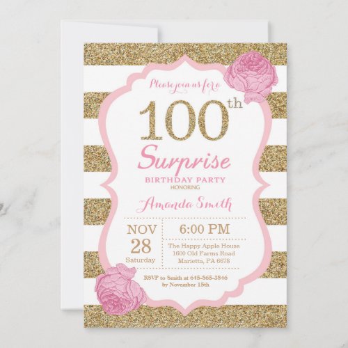 Pink and Gold Surprise 100th Birthday Invitation