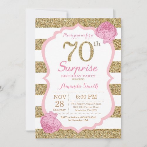 Pink and Gold Surprise 70th Birthday Invitation