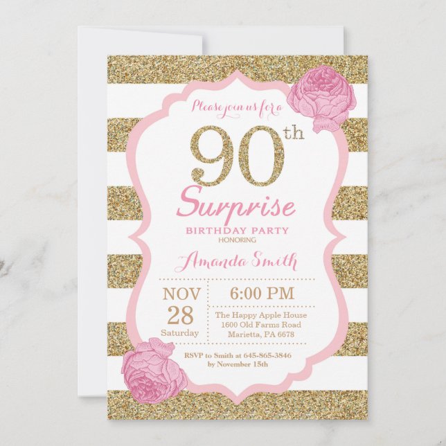 Pink and Gold Surprise 90th Birthday Invitation (Front)