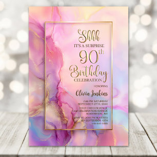 Pink and Gold Surprise 90th Birthday Party Invitation