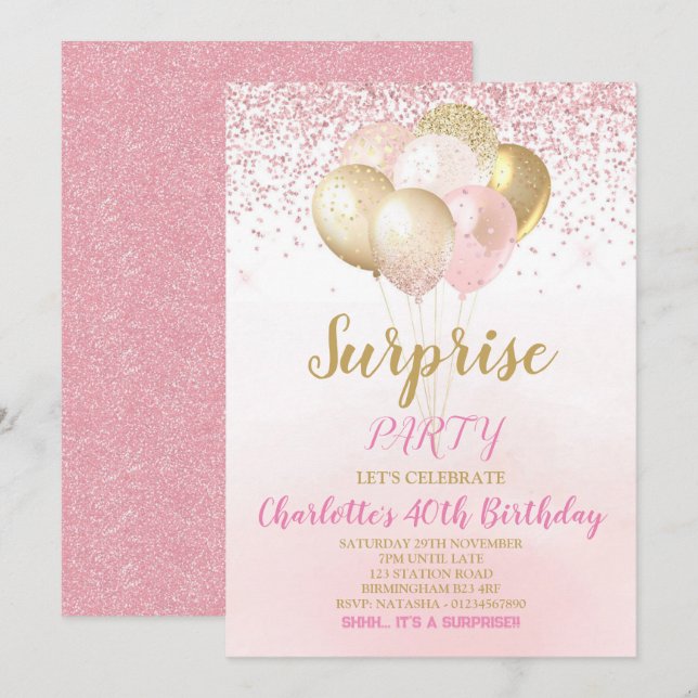 Pink and Gold Surprise Birthday Invitation (Front/Back)