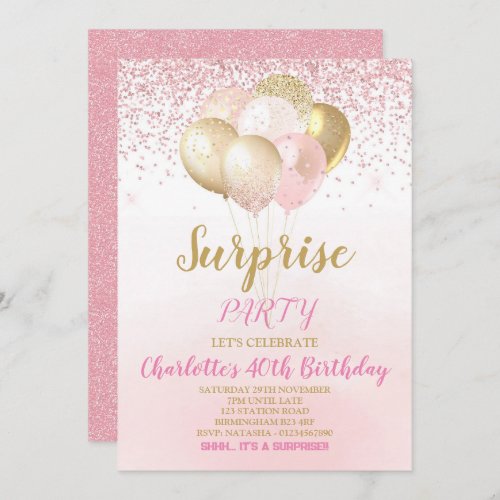 Pink and Gold Surprise Birthday Invitation