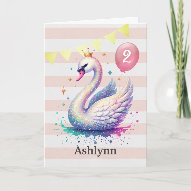 Pink and Gold Swan Princess 2nd Birthday Card (Front)