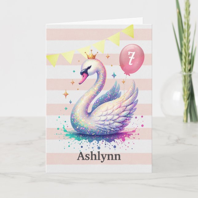 Pink and Gold Swan Princess 7th Birthday Card (Front)