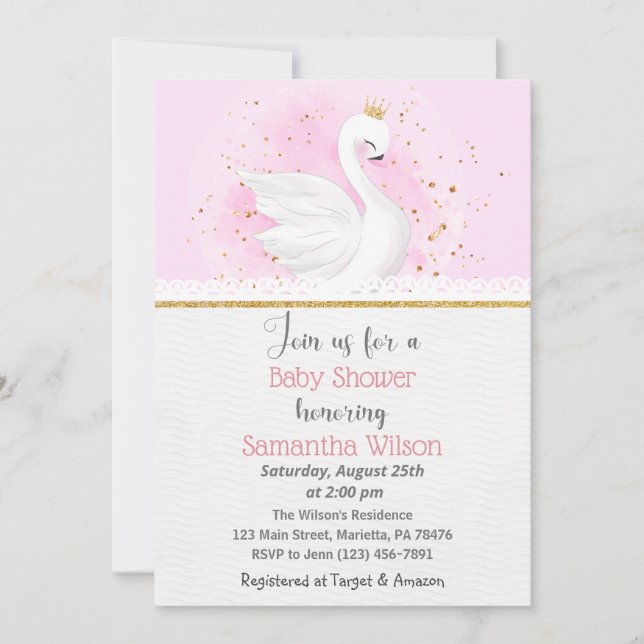 Pink and Gold Swan Princess Baby Shower Invitation (Front)