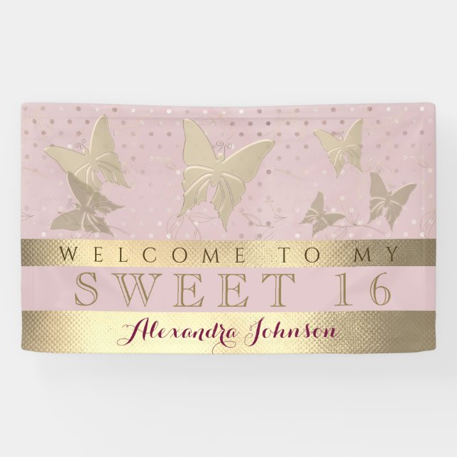 Pink and Gold Sweet 16 Birthday Banner (Horizontal)