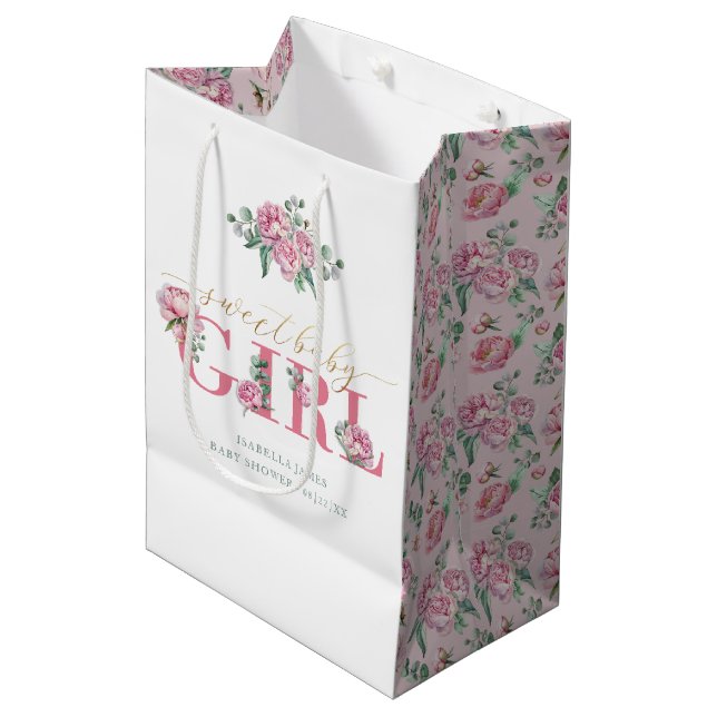 Pink and Gold Sweet Baby Girl Floral Baby Shower Medium Gift Bag (Front Angled)