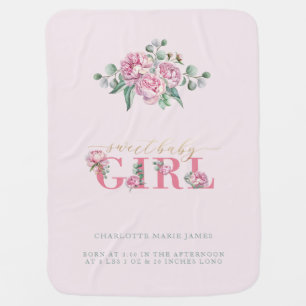 Pink and Gold Sweet Baby Girl Floral Newborn Stats Baby Blanket
