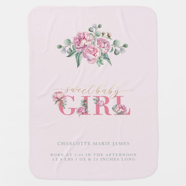 Pink and Gold Sweet Baby Girl Floral Newborn Stats Baby Blanket (Front)