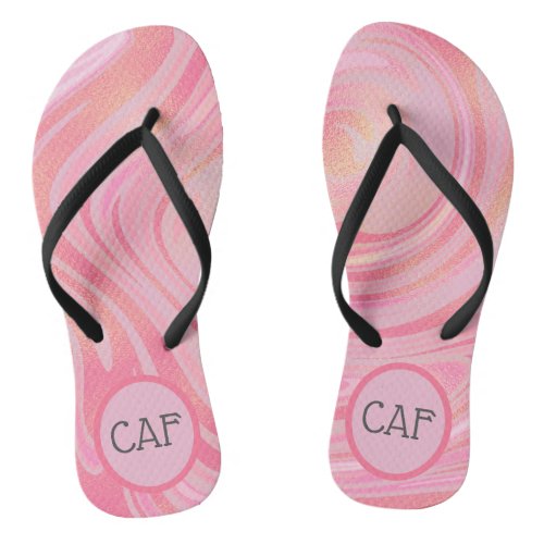 Pink and Gold Swirl Marble Monogrammed Flip Flops